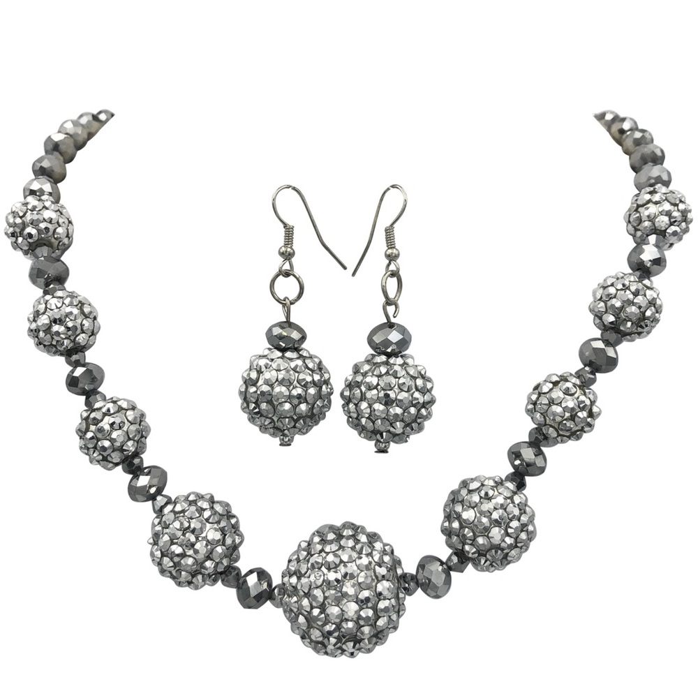 Silver Disco Ball Bling Bead Necklace Earring Set
